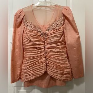 Vintage 80’s Fashion Peach Salmon Satin Button Jacket/Skirt Suit Knee Length 12